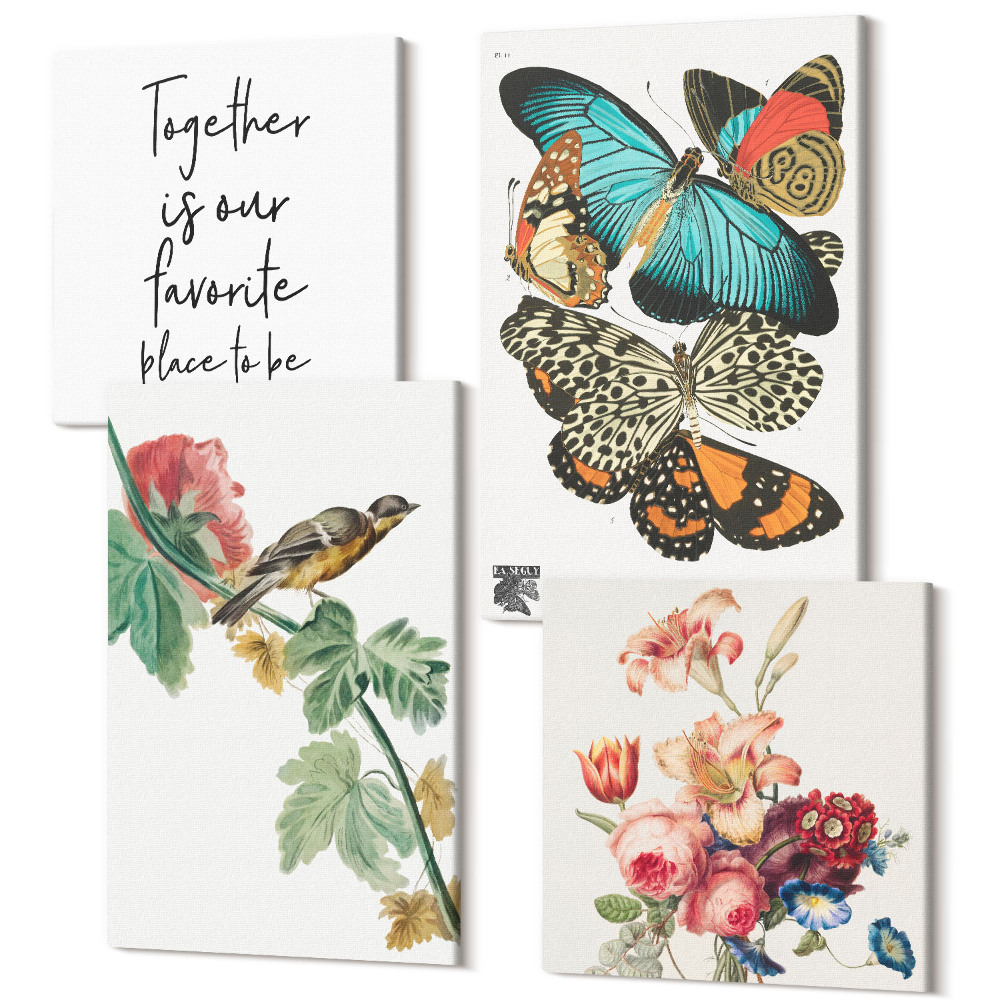 Négy részes vászonkép Virágok, pillangók és egy madár pasztell árnyalatokban