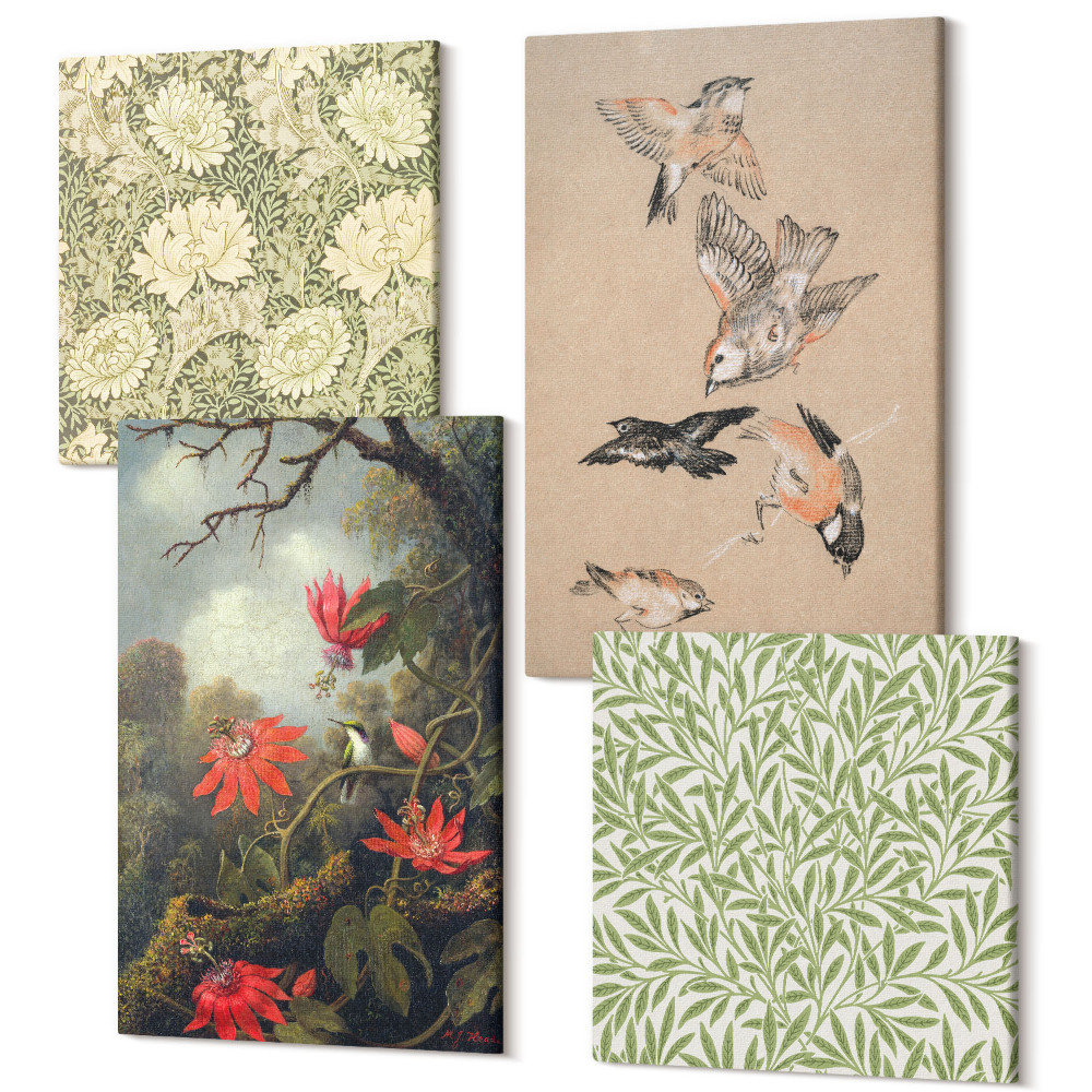 Négy részes vászonkép szett Virágok és madarak természetes környezetben