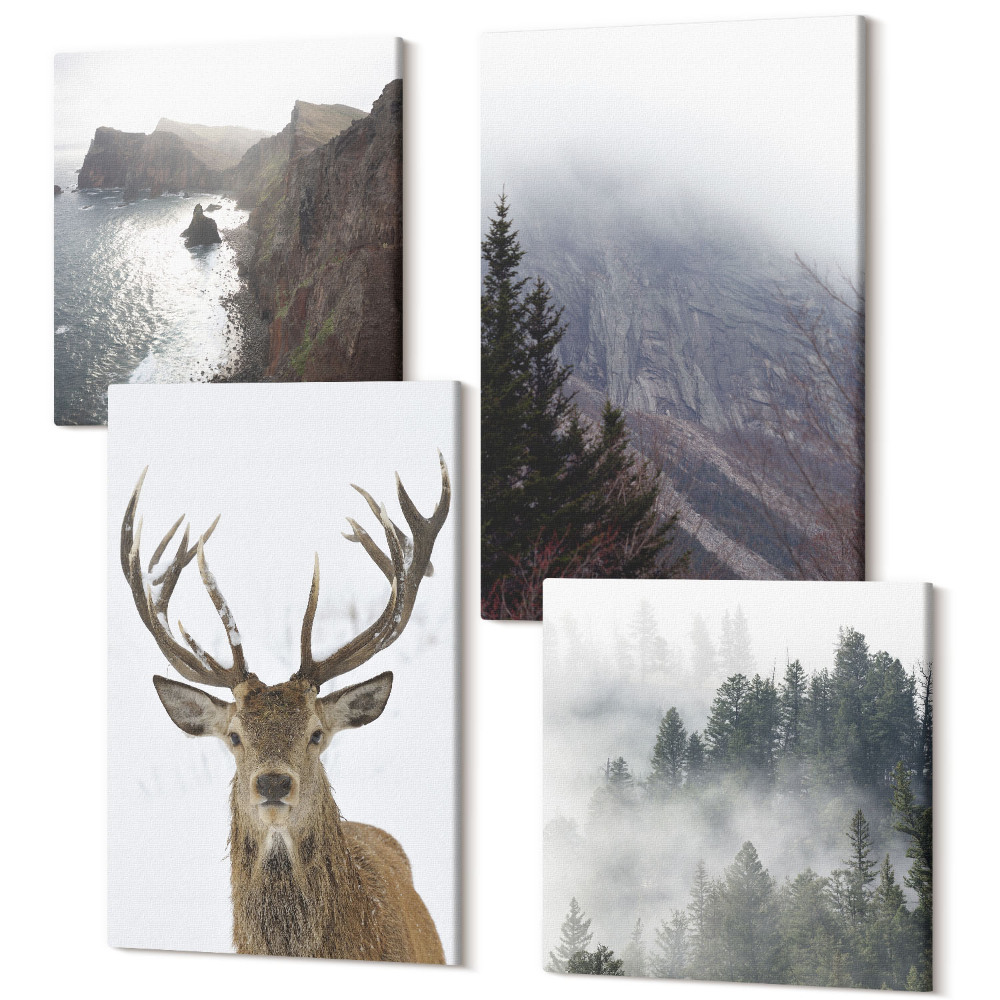 Négy részes vászonkép Hegyi táj köd, víz és szarvas