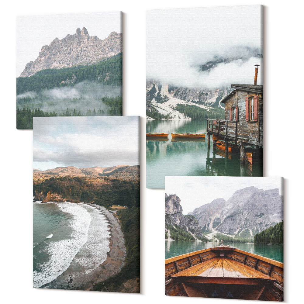 Négy részes vászonkép szett Hegyi tájak stranddal, faházzal és csónakkal
