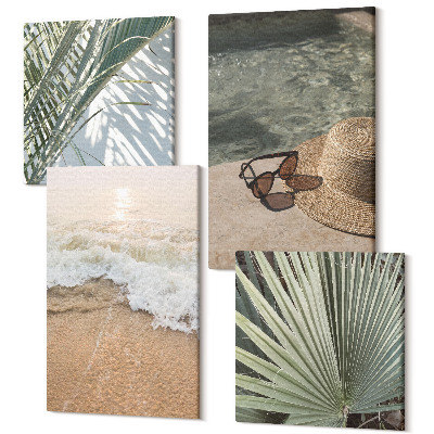 Négy részes vászonkép szett Víz strand kalap és napszemüveg levelek