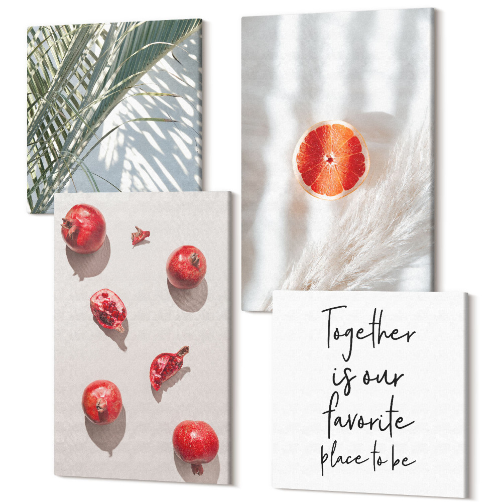 Négy részes vászonkép szett Holiday trópusi gyümölcsök pálma levelek betűkkel