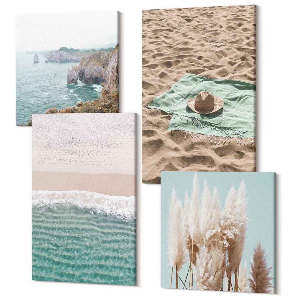 Négy részes vászonkép tengerpart hullámok fű kalap homok pihenés természet