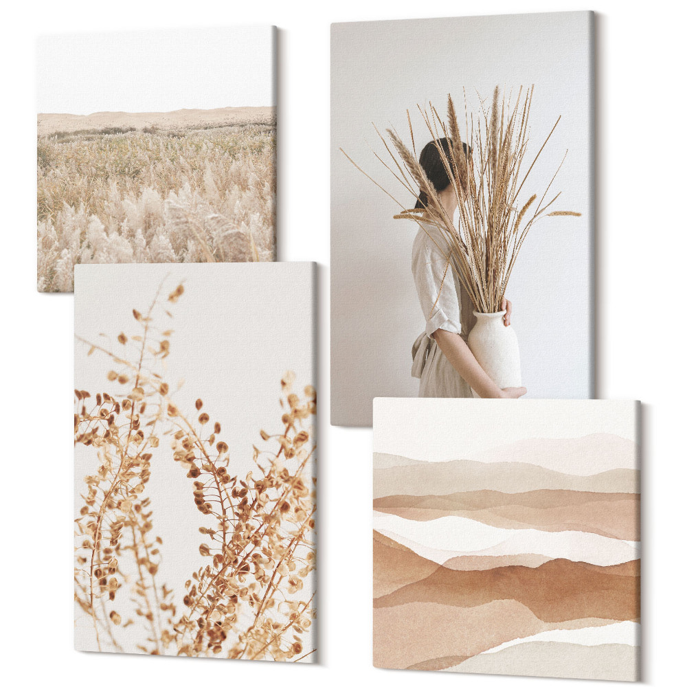 Négy részes vászonkép szett Növényi motívumok absztrakt rusztikus boho stílusban