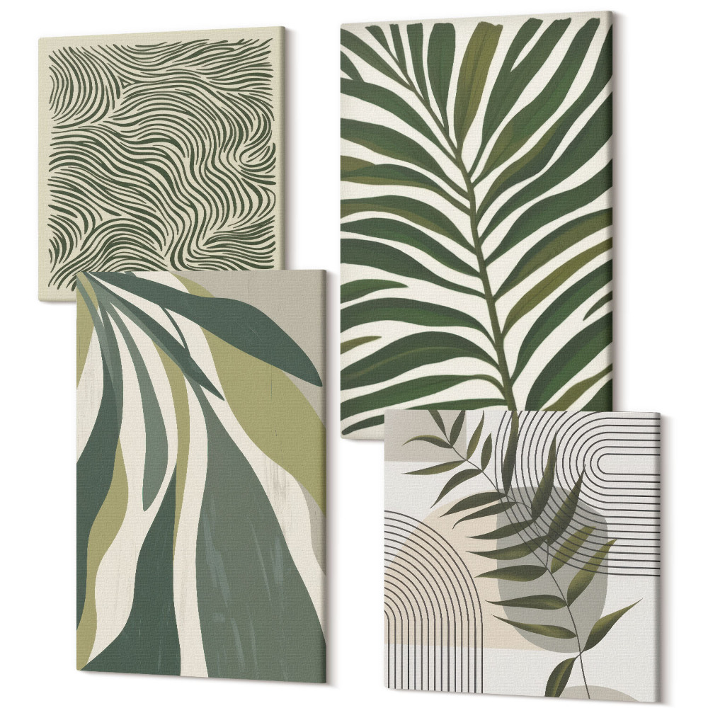 Négy részes vászonkép Levélminták és hullámos vonalak pasztell illusztrációkkal