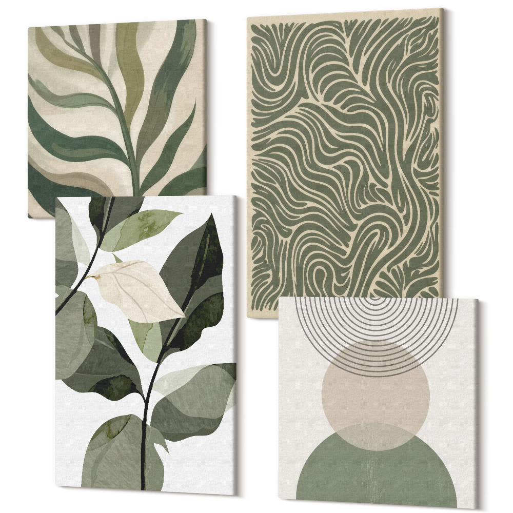 Négy részes vászonkép szett Levelek és geometriai formák absztrakt