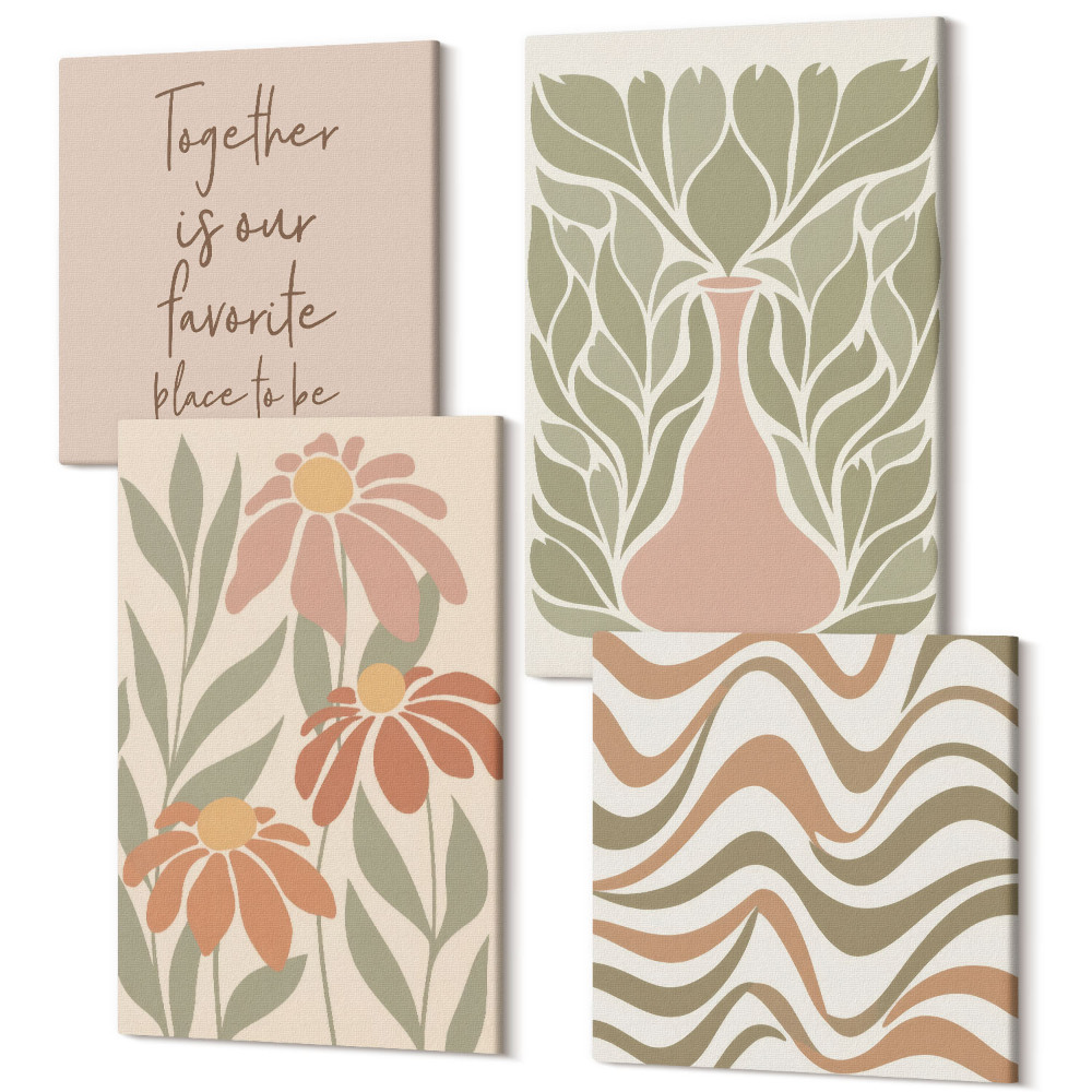 Négy részes vászonkép szett Pasztell virágos illusztrációk absztrakt felirat