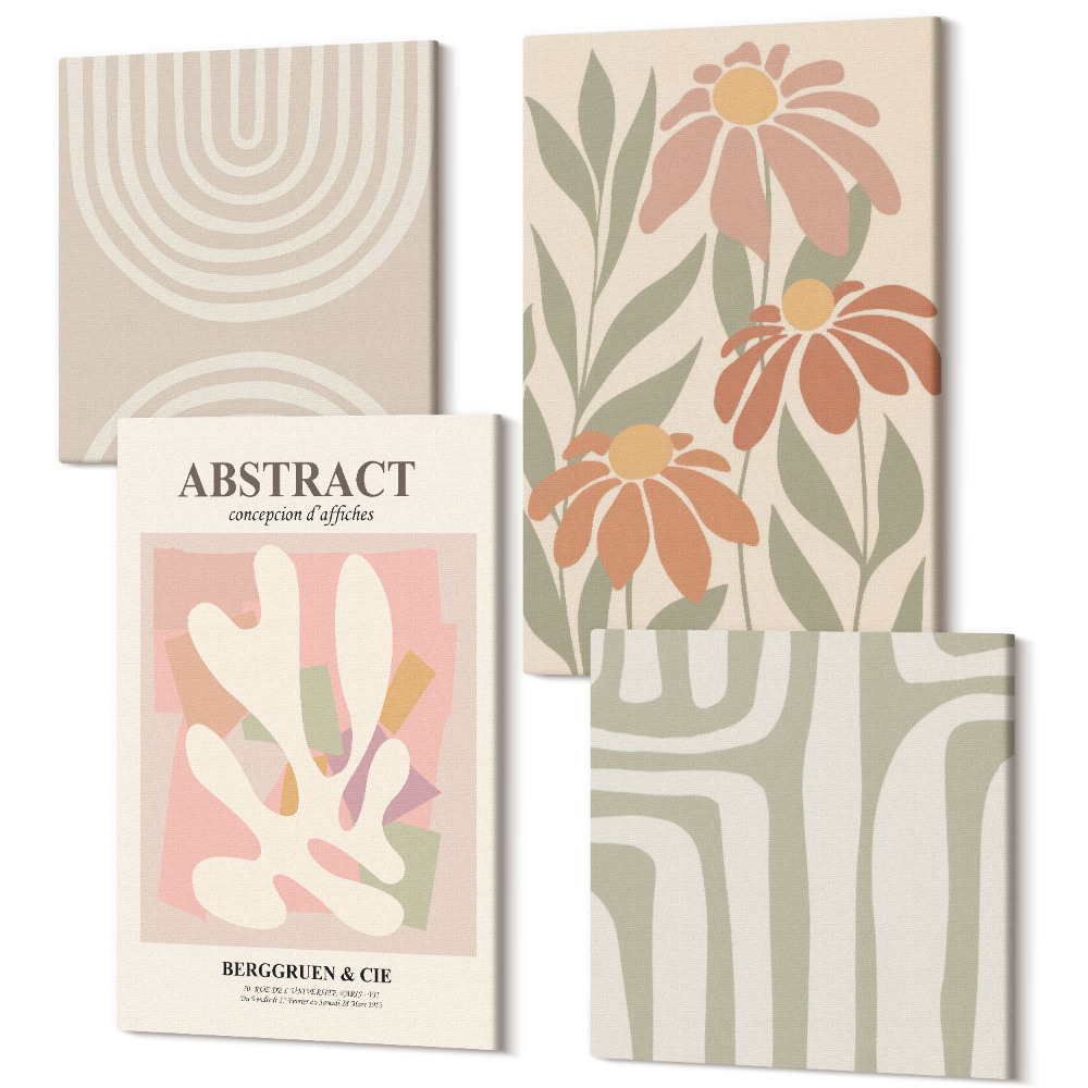 Négy részes vászonkép szett Absztrakt formák növényi motívumokkal, pasztell színekben