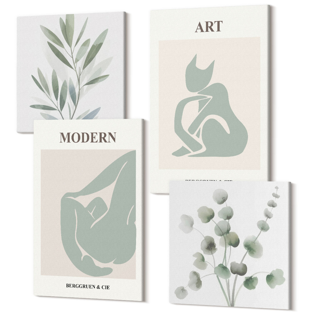 Négy részes vászonkép szett Növényi motívumok a zöld finom árnyalataiban