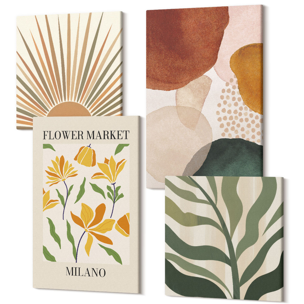 Négy részes vászonkép szett Virágmotívumok absztrakt formákkal és levelekkel