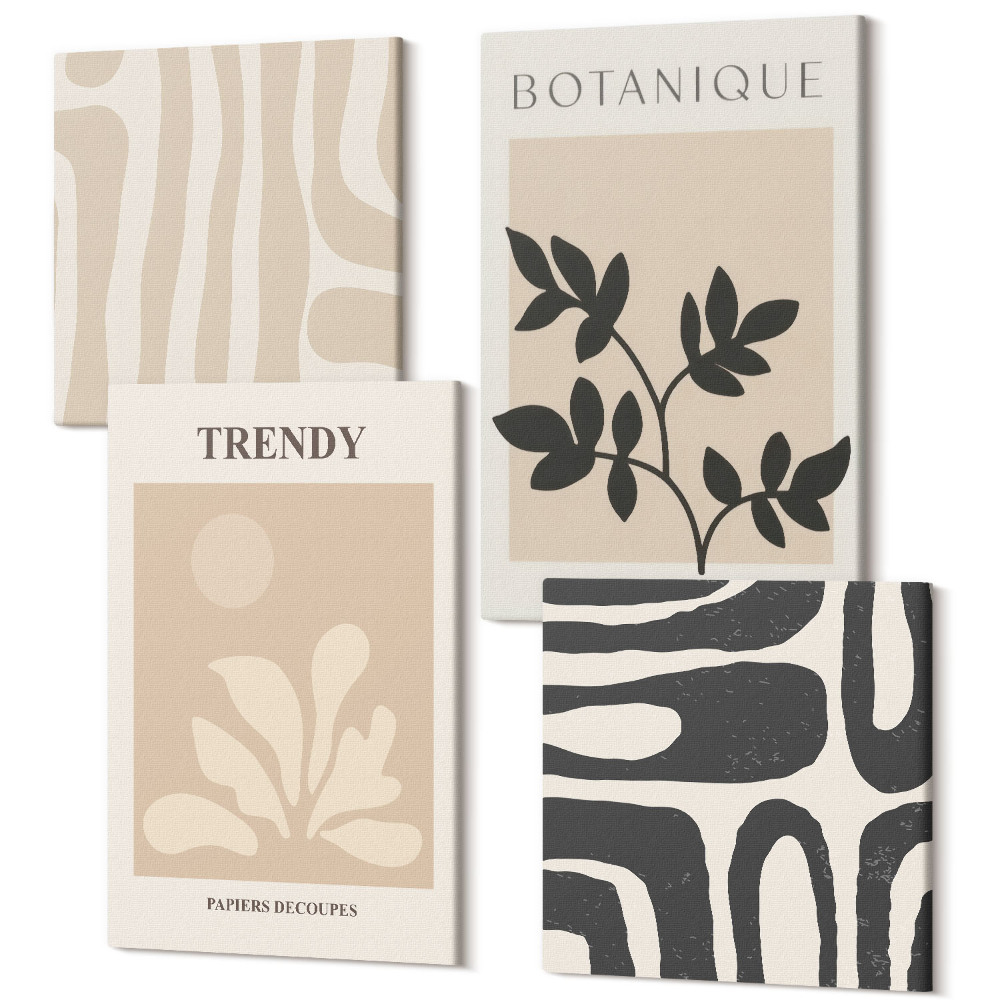 Négy részes vászonkép Stílusos növényi minták bézs és fekete árnyalatokban