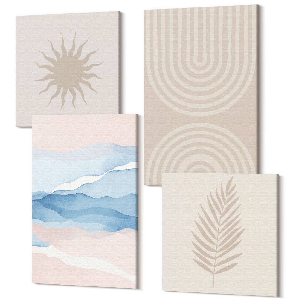 Négy részes vászonkép Nap, hullámok és absztrakt vonalak pasztell színekben