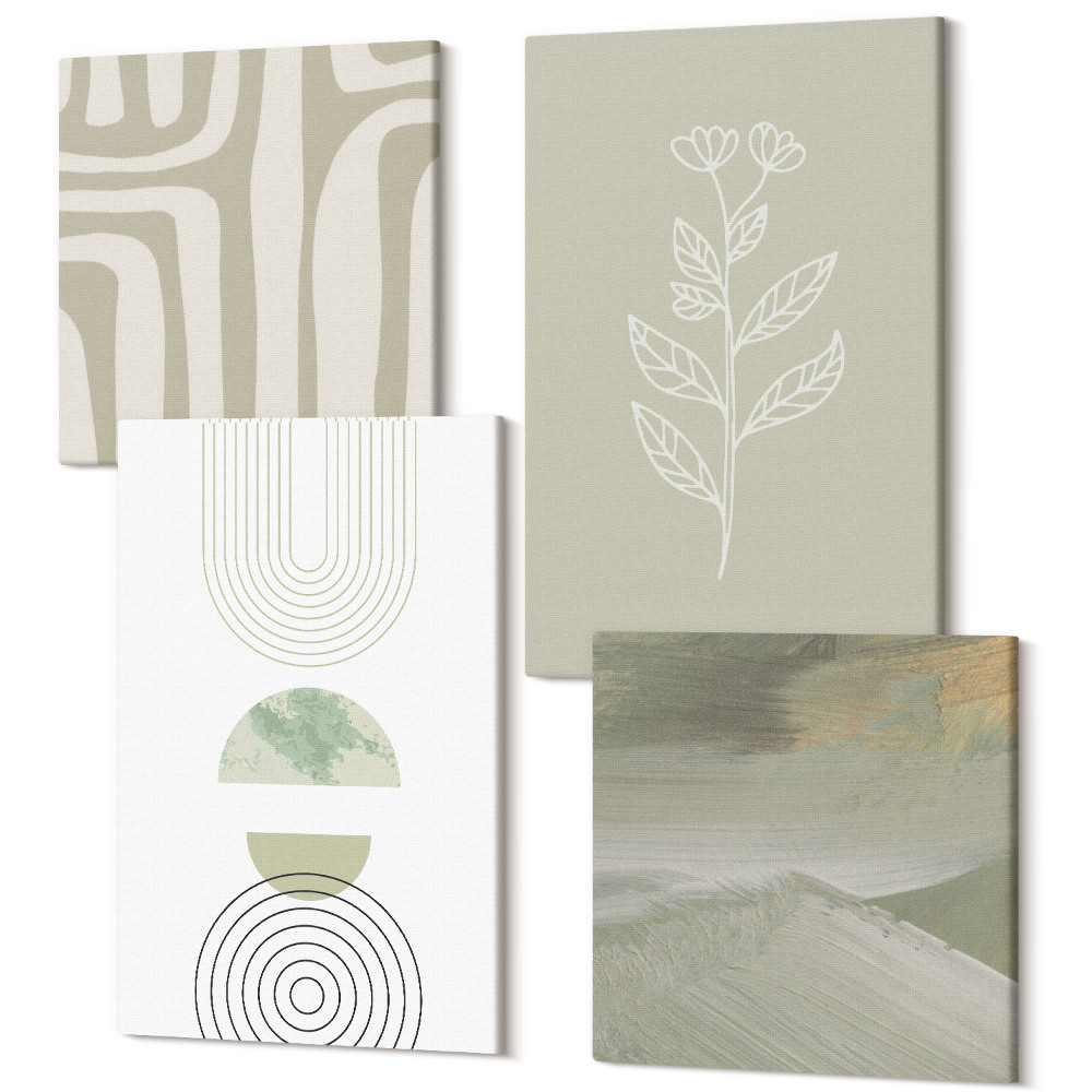 Négy részes vászonkép Geometrikus minták növényi akcentussal a zöld árnyalataiban
