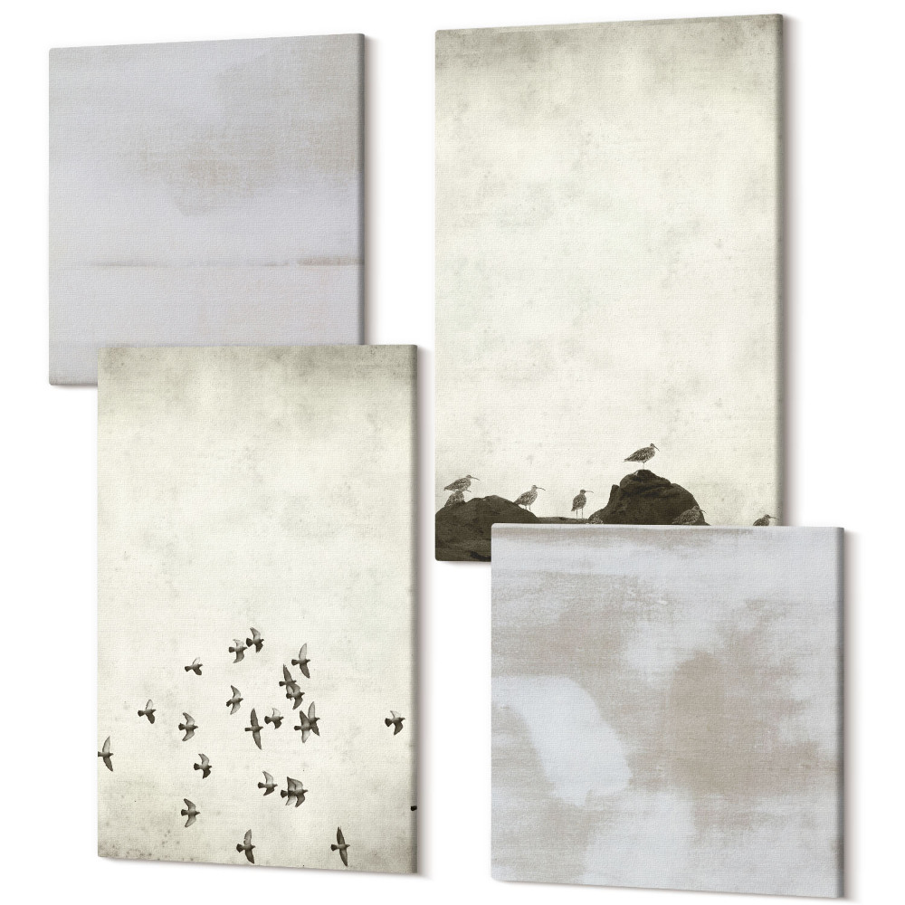 Négy részes vászonkép Repülő madarak és bajba jutott textúrák minimalista stílusban