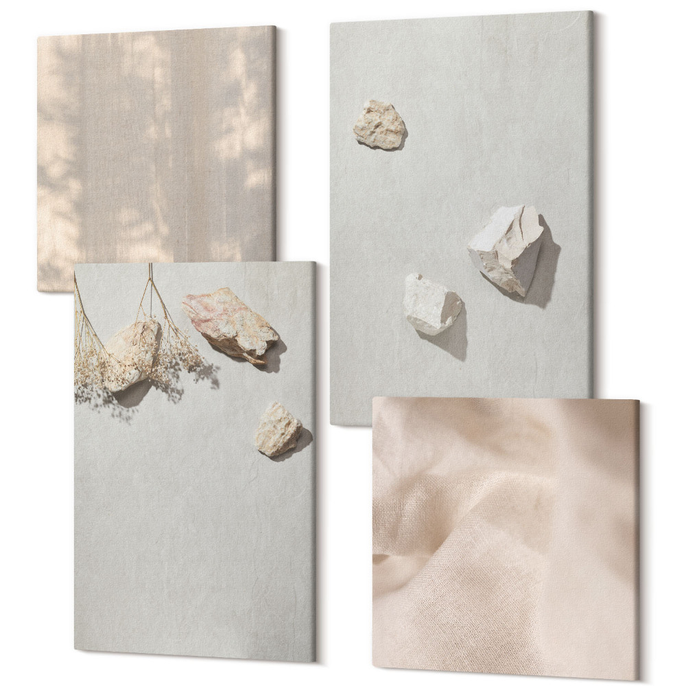 Négy részes vászonkép szett Boho strandkövek minimalista dekorációval