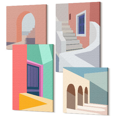 Négy részes vászonkép Modern stílusú épületek színes illusztrációi