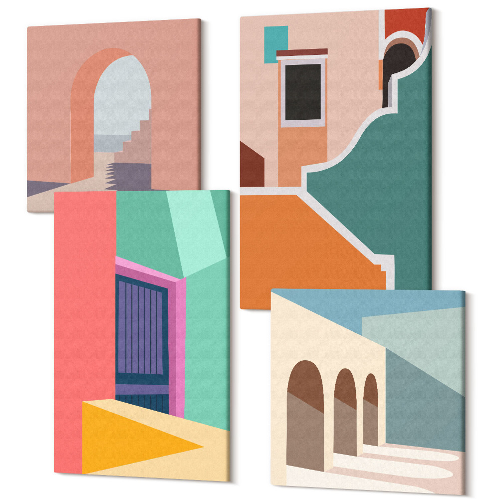 Négy részes vászonkép szett A város színes illusztrációi modern stílusban