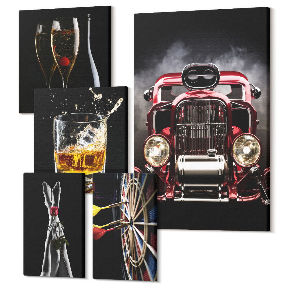 Öt részes vászonkép szett Stílusos retro témák autókkal és italokkal