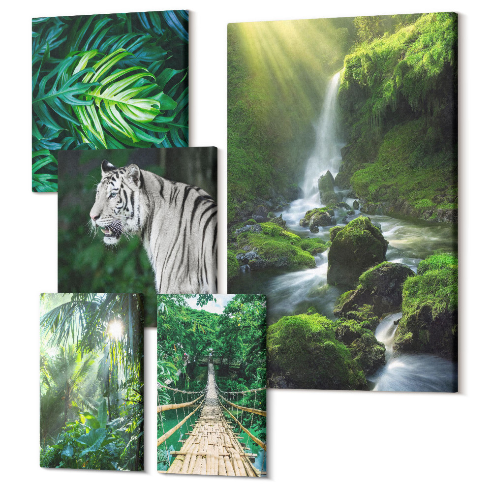 Vászonkép ötrészes Trópusi tájak vadon élő állatokkal és állatokkal