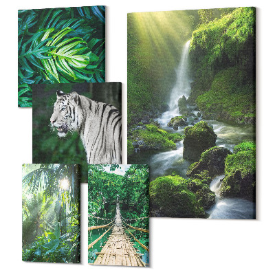 Vászonkép ötrészes Trópusi tájak vadon élő állatokkal és állatokkal