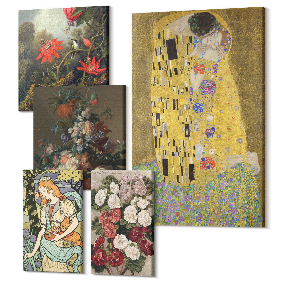 Vászonkép ötrészes Virágkompozíciók és romantikus jelenetek a művészetben