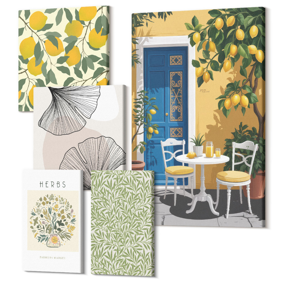 Öt részes vászonkép Stílusos akcentusok növényi és gyümölcsmotívumokban