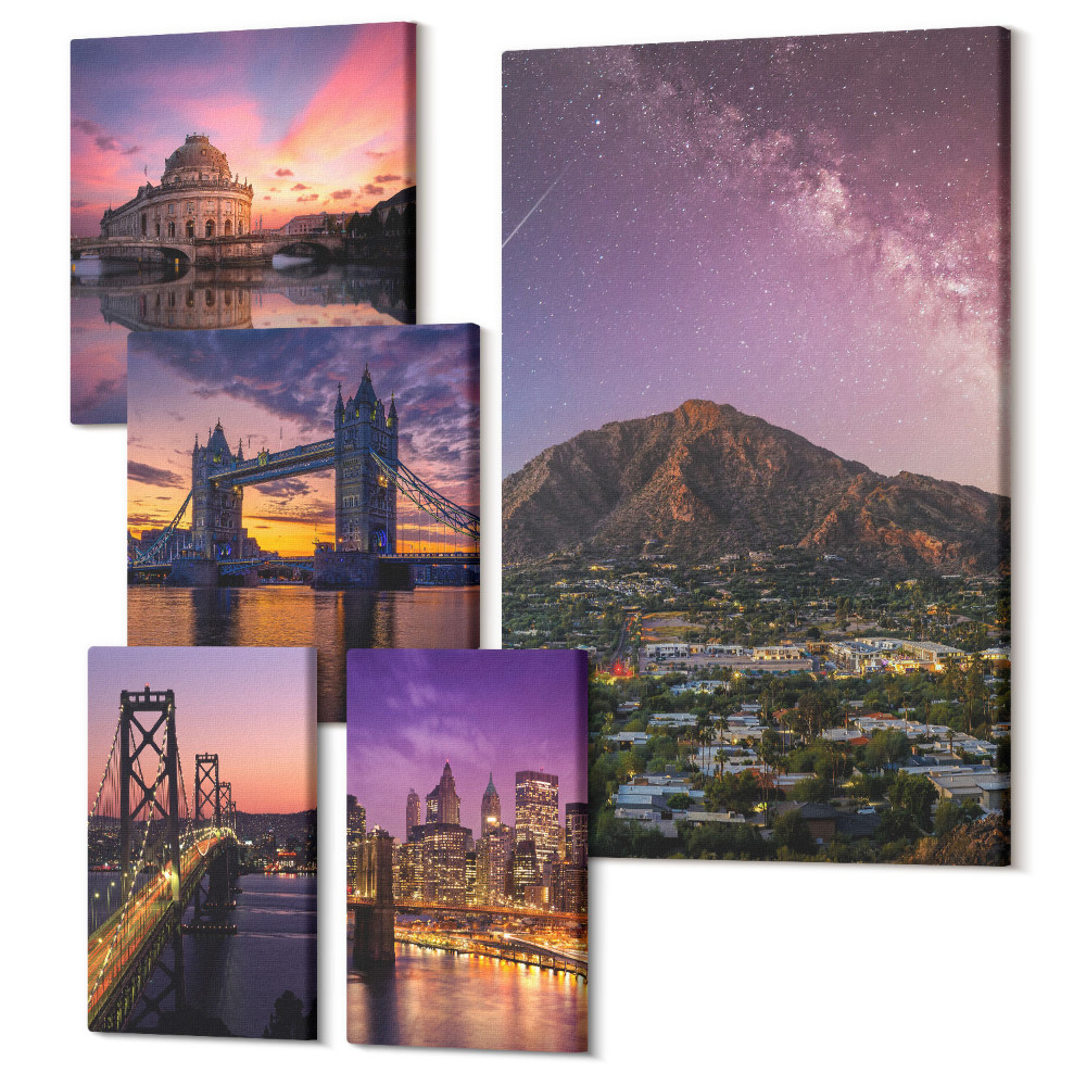 Öt részes vászonkép Városok és hegyek éjszakai tájai gyönyörű kilátással