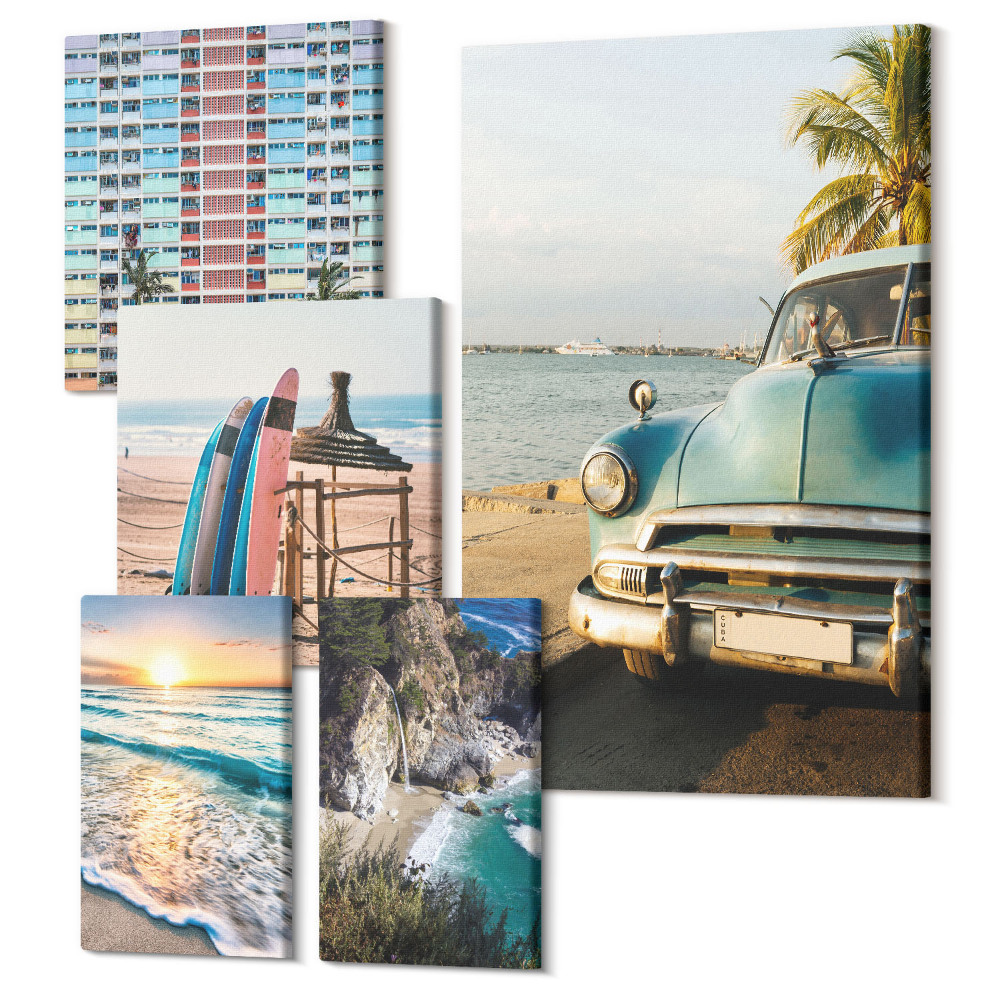 Vászonkép ötrészes Stílusos tengerparti tájak autókkal és szörfözéssel