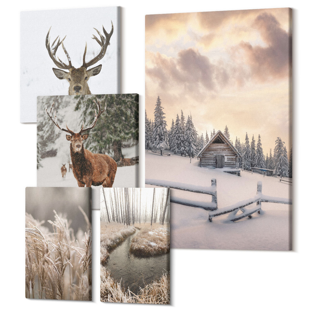 Öt részes vászonkép Téli tájak szarvasokkal és egy idilli házikó az erdőben