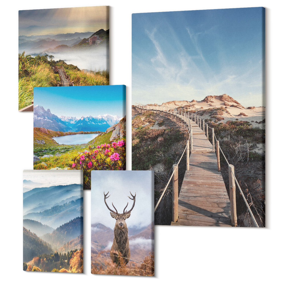 Vászonkép ötrészes Természetes hegyi és erdei tájak vadon élő állatokkal
