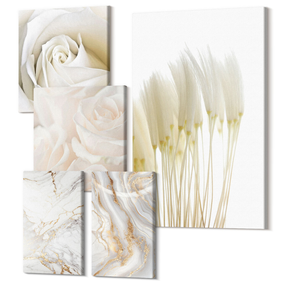 Öt részes vászonkép szett Elegáns fehér rózsák és márvány díszítőelemek