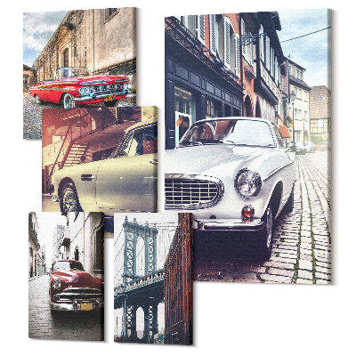 Vászonkép ötrészes Stílusos klasszikus autók városi környezetben