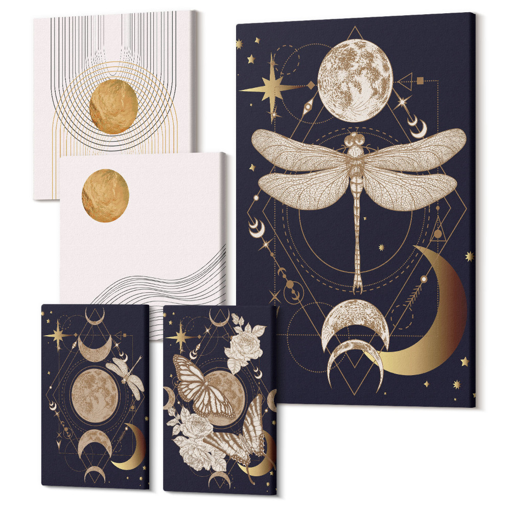 Öt részes vászonkép szett Stílusos térmotívumok rovarokkal és geometrikus mintákkal