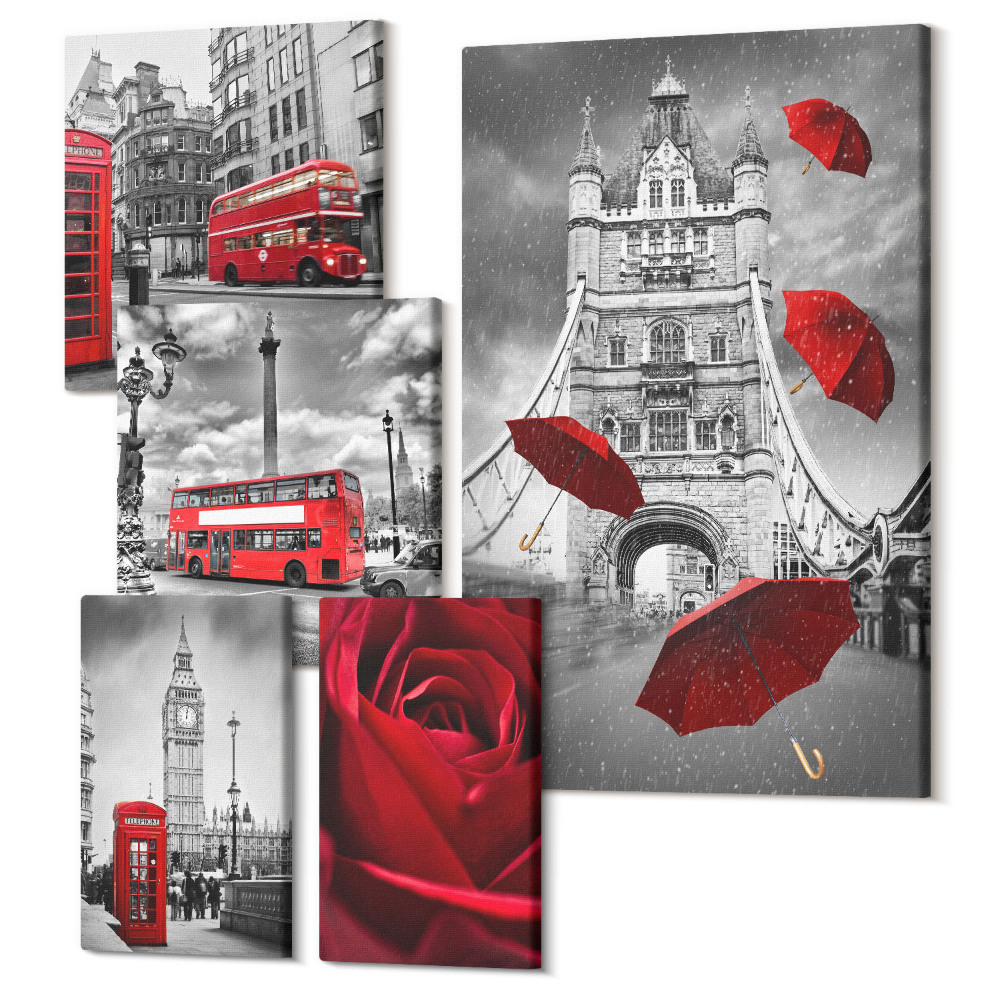 Öt részes vászonkép Londoni motívumok piros díszítéssel és részletekkel