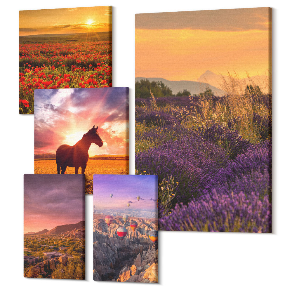 Öt részes vászonkép szett Szabadtéri természeti tájak lovakkal és virágokkal