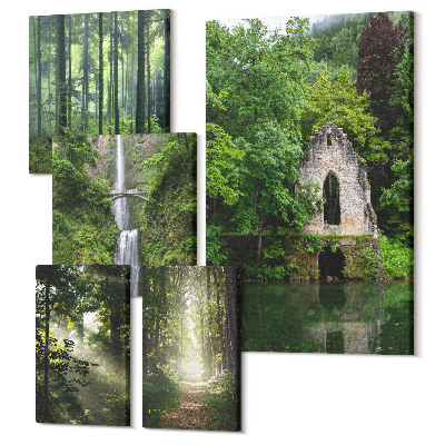 Öt részes vászonkép Zöld erdők és vízesések természetes környezetben