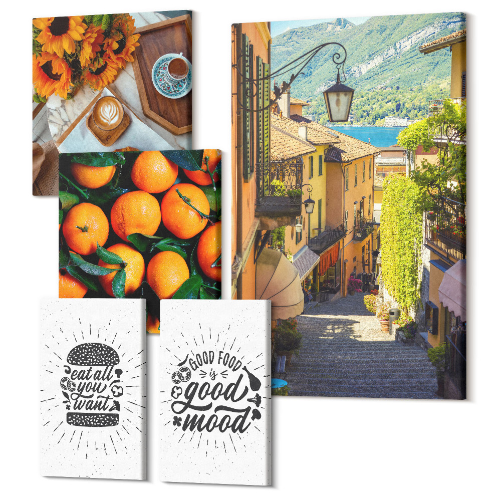 Vászonkép ötrészes Kávézói hangulat, utcára néző kilátás és finom akcentusok