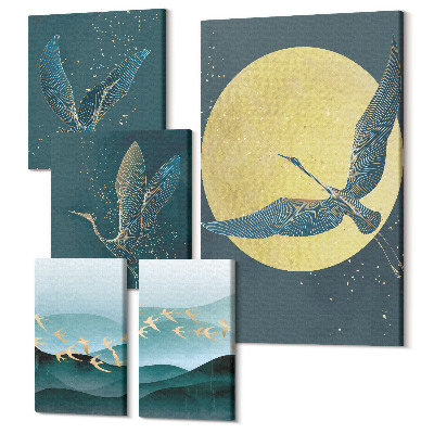 Öt részes vászonkép Tájak madarakkal az éjszakai égbolton a Holddal