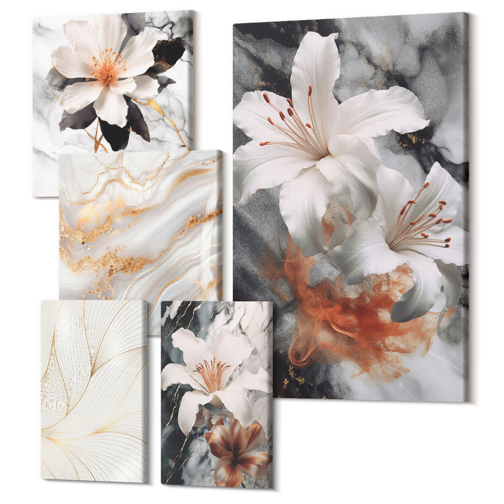 Vászonkép ötrészes Virágos motívumok márvány alapon elegáns stílusban