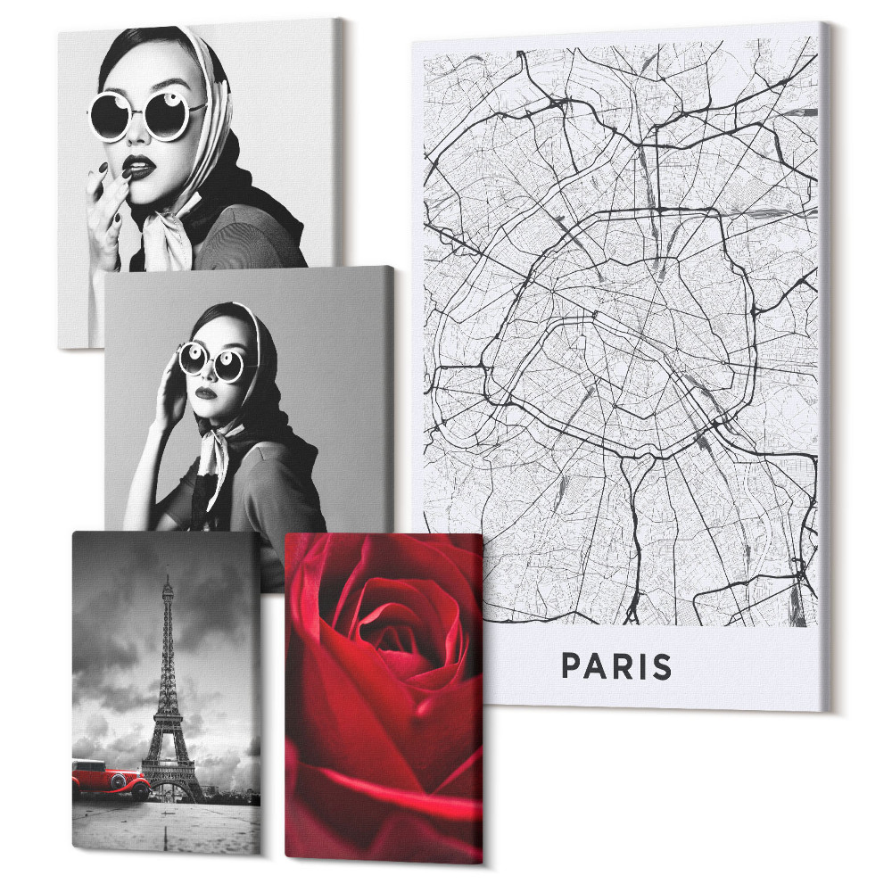 Öt részes vászonkép Párizs stílusos akcentusai divattal és romantikával