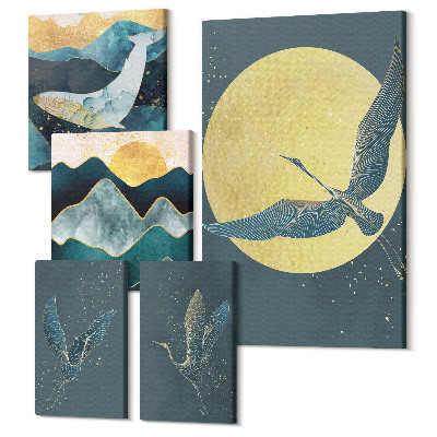 Vászonkép ötrészes Madarak repülnek és hegyi tájak modern stílusban