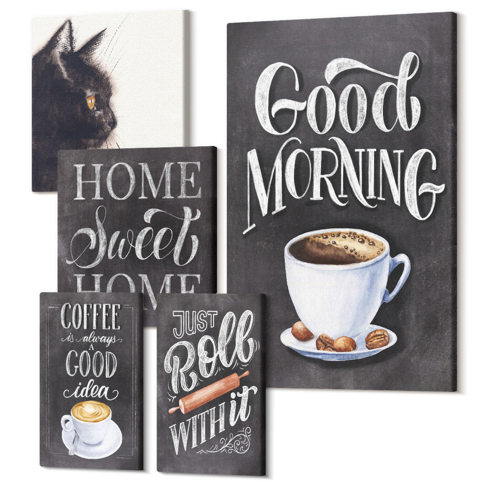 Vászonkép ötrészes Kávéinspirációk macskával és pozitív szlogenekkel