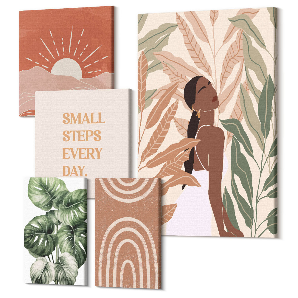 Vászonkép ötrészes Boho stílus növényi motívummal és pozitív szlogenekkel