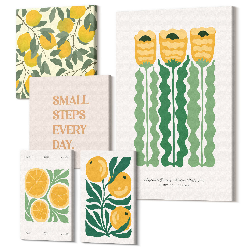 Öt részes vászonkép Virágos akcentusok citrusos motívumokkal és pozitív szlogenekkel