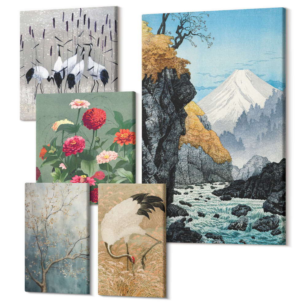 Vászonkép ötrészes Japán stílusú természeti tájak virágokkal és madarakkal