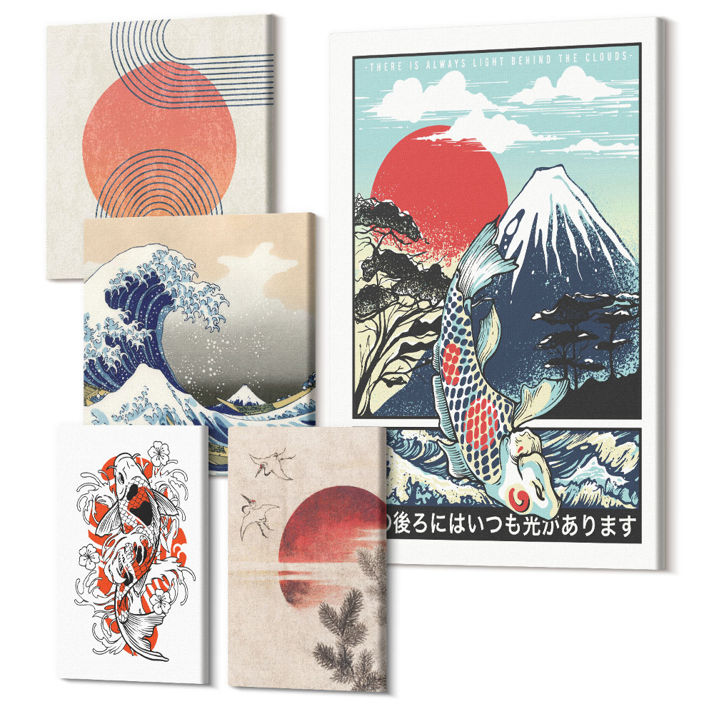 Öt részes vászonkép szett Japán művészeti hullám motívumok és hagyományos minták