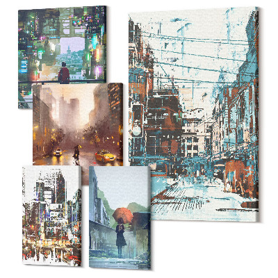 Vászonkép ötrészes Modern városképek utcákkal és alakokkal