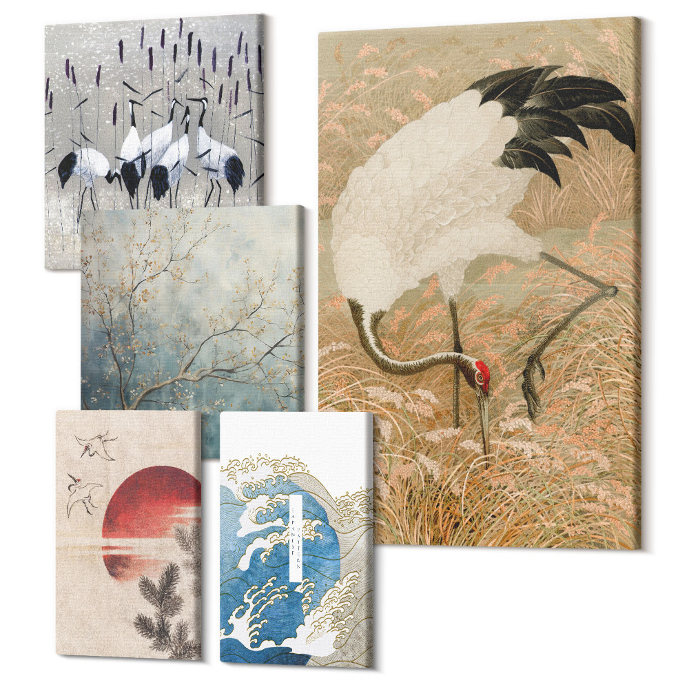 Vászonkép ötrészes Stílusos festmények természet- és madármotívumokkal