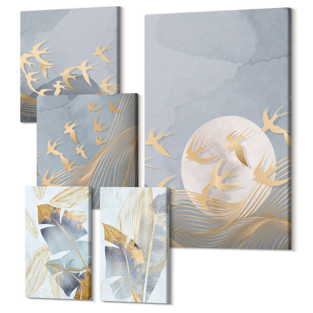 Vászonkép ötrészes Stílusos akcentusok madár és levél motívummal a szürke árnyalataiban