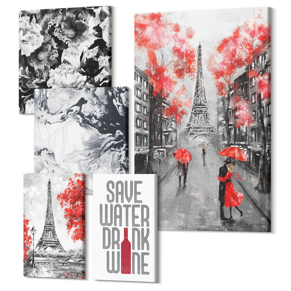 Vászonkép ötrészes Párizsi nézetek virágokkal és absztrakt mintákkal